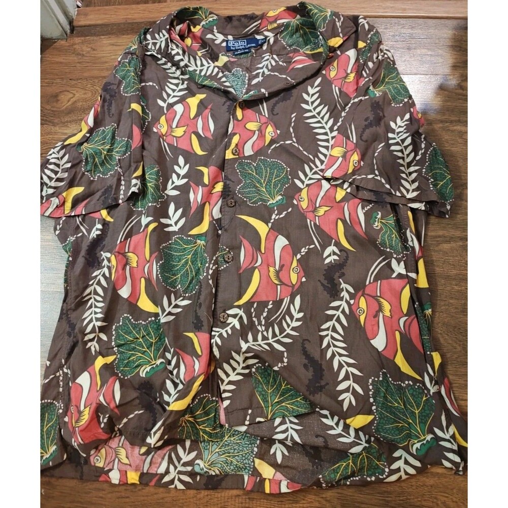 Vtg 90s Polo Ralph Lauren Mens XL Classic Hawaiian Fish Loop Collar Resort
